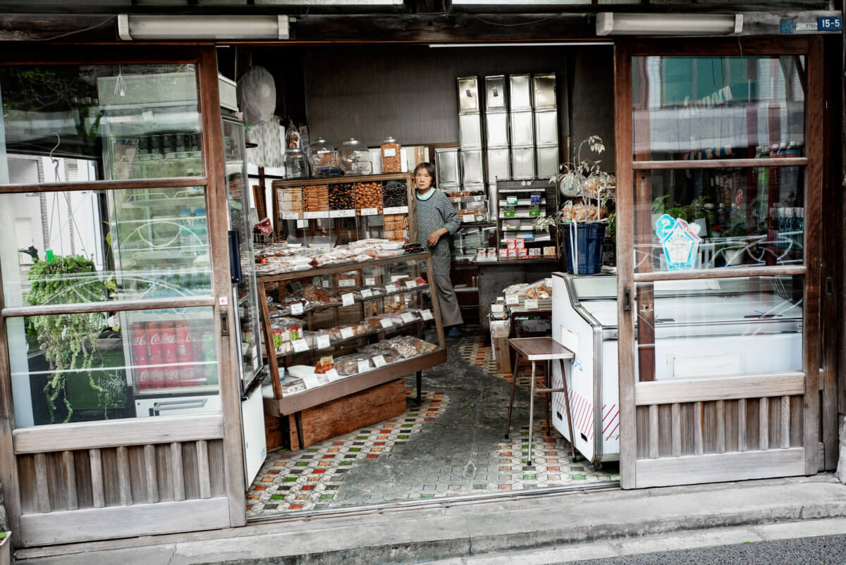 a worn and faded Tokyo rice cracker shop